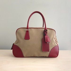 PRADA Rosso Cinghi Leather & Canapa Canvas Bowler Bag